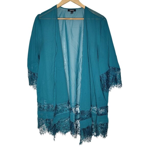 Torrid Size 00 Green / Blue Lightweight Sheer Women's Open‎ Cardigan Lace Lined - Picture 1 of 5